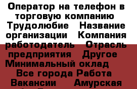 Оператор на телефон в торговую компанию. Трудолюбие › Название организации ­ Компания-работодатель › Отрасль предприятия ­ Другое › Минимальный оклад ­ 1 - Все города Работа » Вакансии   . Амурская обл.,Благовещенск г.